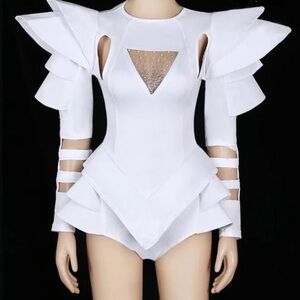 Drag Queen Rhinestone Embellished Elegant Nightclub White Ruffled Space Bodysuit